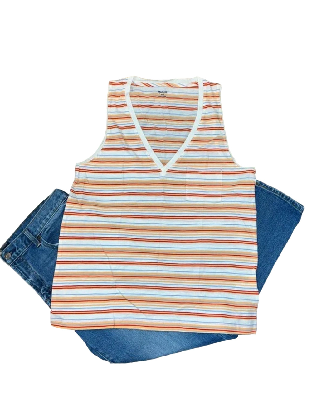 NWT Madewell White W/Blue, Peach & Red Striped Pocket V-Neck Tank